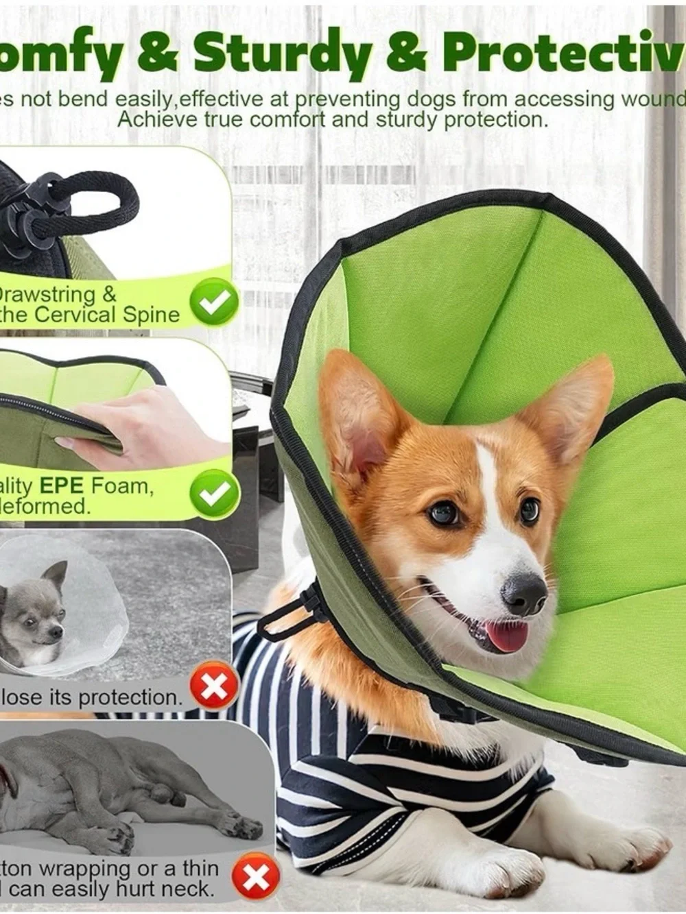 Dog Recovery Cone Soft Fabric E-Collar in Green size Large